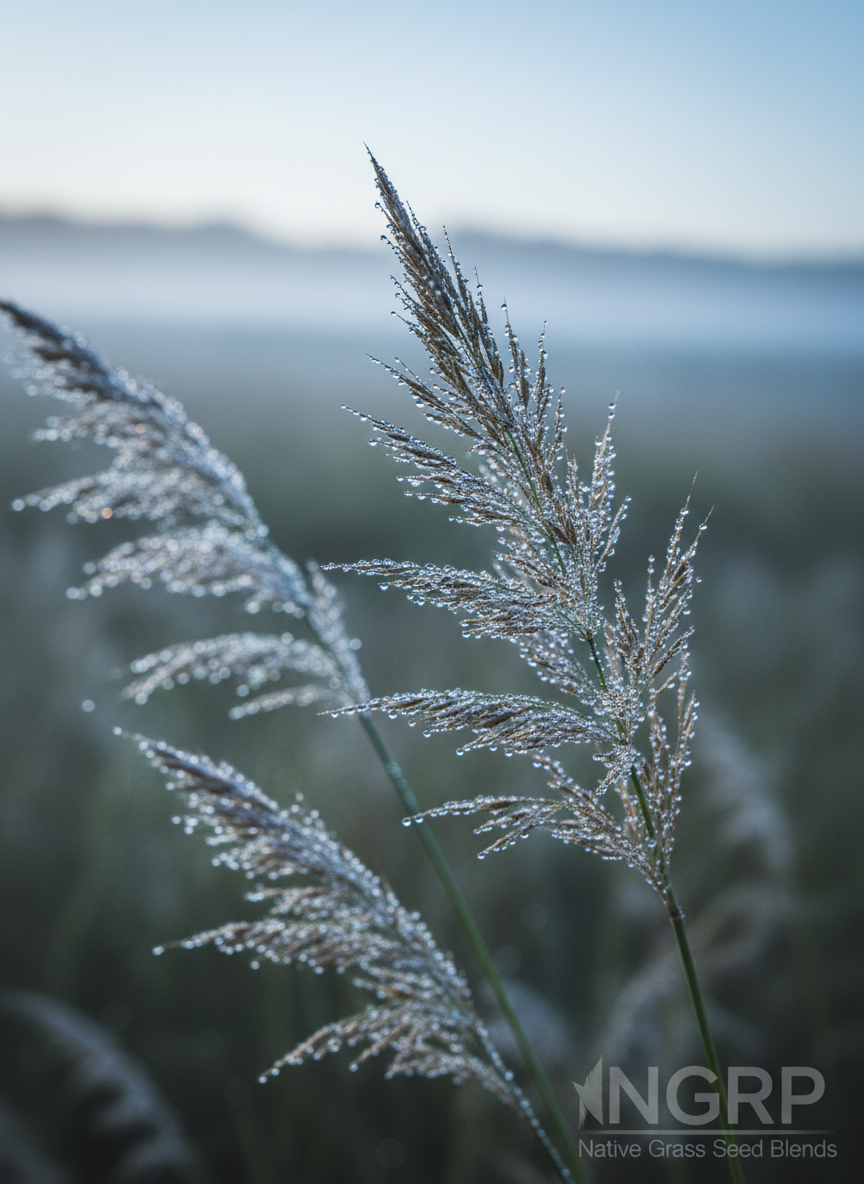 An atmospheric, photographic realism close-up of dew-covered native Highveld grass seed heads at dawn, with fine droplets clinging to each filament, catching the first cool, bluish light. The background gently blurs into soft shapes of distant grass and a muted horizon line. A very shallow depth of field isolates a single, well-formed seed head in sharp focus slightly off-center, following the rule of thirds. The mood is calm, contemplative, and subtly scientific, highlighting the natural beauty and resilience of native species. Gentle backlighting creates a faint halo around the seeds, perfect for illustrating the ecological value and aesthetic appeal of NGRP’s native grass seed blends.