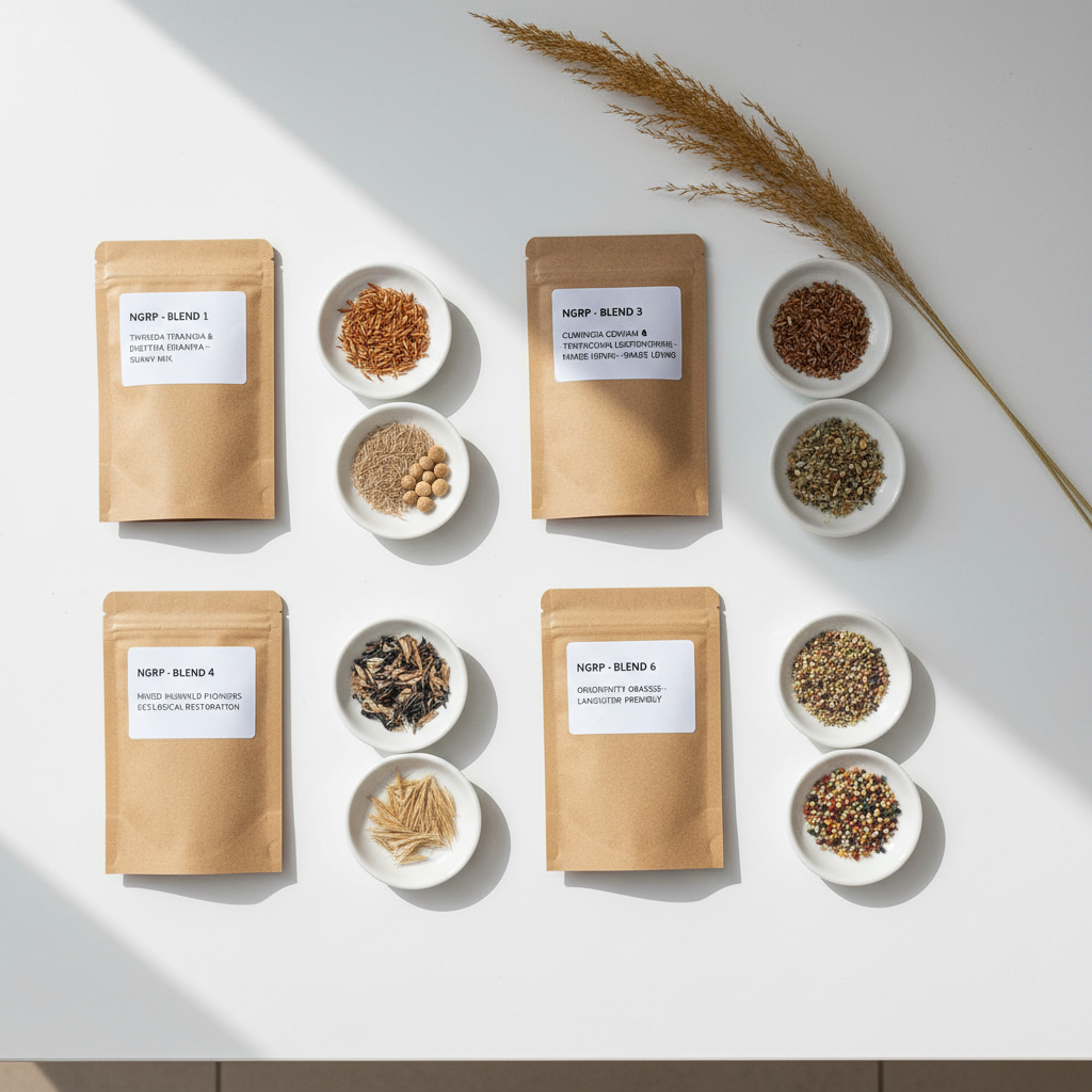 An overhead, photographic realism shot of a clean, white laboratory-style table displaying several clearly labeled brown paper packets of native Highveld grass seed blends from NGRP. Each packet shows a simple, modern label with botanical names and blend descriptions, arranged neatly beside small ceramic dishes holding the corresponding seeds. The varied seed shapes, sizes, and earthy colors are sharply detailed. Soft, diffused daylight from an unseen window creates minimal shadows and a calm, professional mood. A sprig of dried native grass lies diagonally across the frame, adding organic texture. The composition is orderly and balanced, emphasizing precision, quality, and ecological restoration science for an online store product showcase.